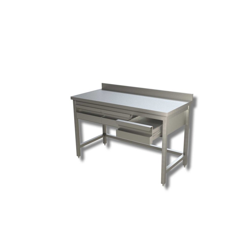 Table Inox adossée avec une étagère et 3 tiroirs horizontales AISI 304 Dim : 140 x 60 x 85 cm Table Inox adossée avec une étagère et 3 tiroirs horizontales AISI 304 Dim : 140 x 60 x 85 cm