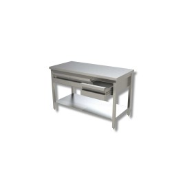 Table Inox centrale avec une étagère et 3 tiroirs horizontales AISI 304 Dim : 200 x 70 x 85 cm