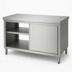 Meuble bas centrale en inox avec 2 Niv. de rangement porte coulissante traversanteDim : 170 x 60 x 85 cm