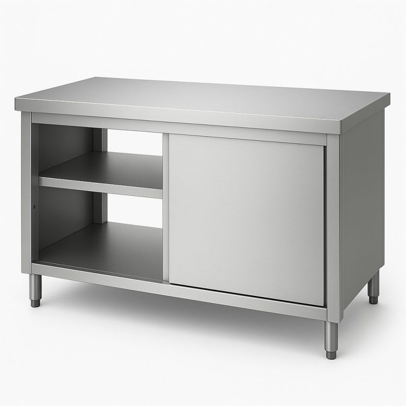 Meuble bas centrale en inox avec 2 Niv. de rangement porte coulissante traversanteDim : 170 x 60 x 85 cm Meuble bas centrale en inox avec 2 Niv. de rangement porte coulissante traversanteDim : 170 x 60 x 85 cm