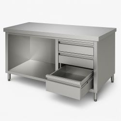 Meuble Bas centrale en Inox avec 2 Niv. de rangements et 3 tiroirs verticales droit – Ouverte Dim : 210 x 60 x 85 cm