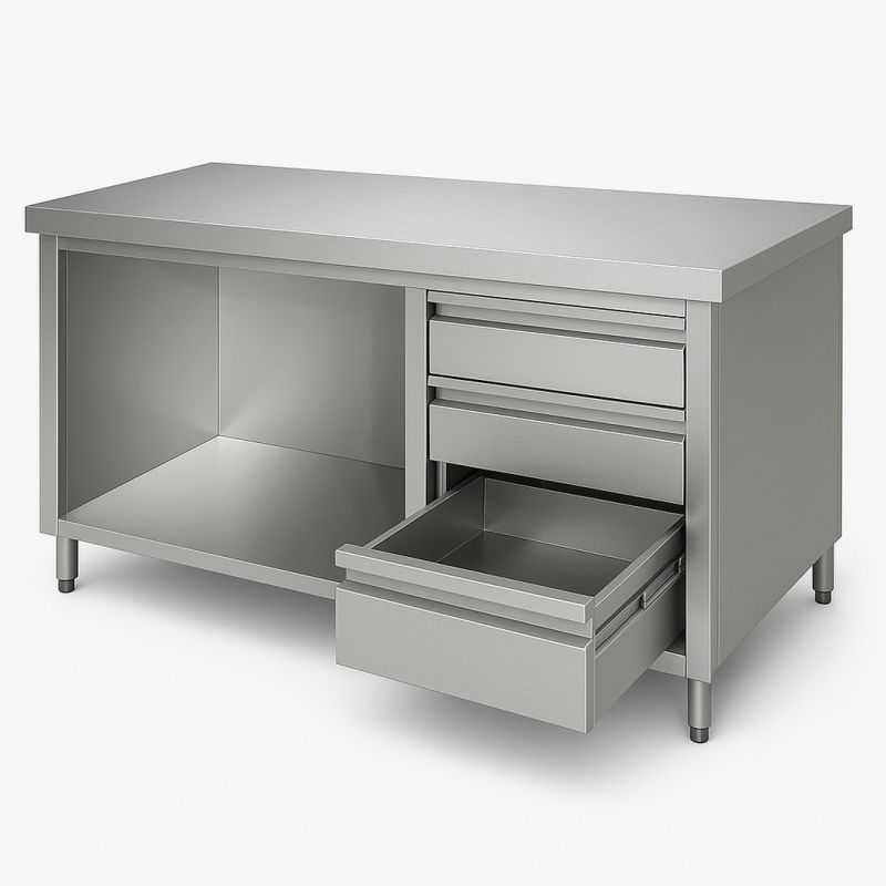 Meuble Bas centrale en Inox avec 2 Niv. de rangements et 3 tiroirs verticales droit – Ouverte Dim : 210 x 60 x 85 cm Meuble Bas centrale en Inox avec 2 Niv. de rangements et 3 tiroirs verticales droit – Ouverte Dim : 210 x 60 x 85 cm