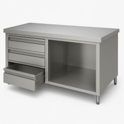 Meuble Bas centrale en Inox avec 2 Niv. de rangements et 3 tiroirs verticales gauche– Ouverte Dim : 210 x 60 x 85 cm