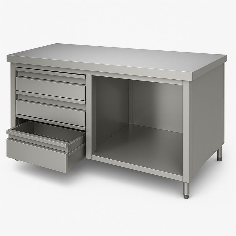 Meuble Bas centrale en Inox avec 2 Niv. de rangements et 3 tiroirs verticales gauche– Ouverte Dim : 210 x 60 x 85 cm Meuble Bas centrale en Inox avec 2 Niv. de rangements et 3 tiroirs verticales gauche– Ouverte Dim : 210 x 60 x 85 cm