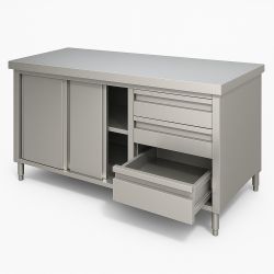 Meuble bas centrale sur placard 2 Niv. de rangement portes coulissantes et 3 tiroirs verticale à droite Dim : 100 x 60 x 85 cm