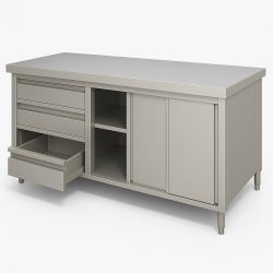 Meuble bas centrale sur placard 2 Niv. de rangement portes coulissantes et 3 tiroirs verticale à gauche Dim : 120 x 70 x 85 cm
