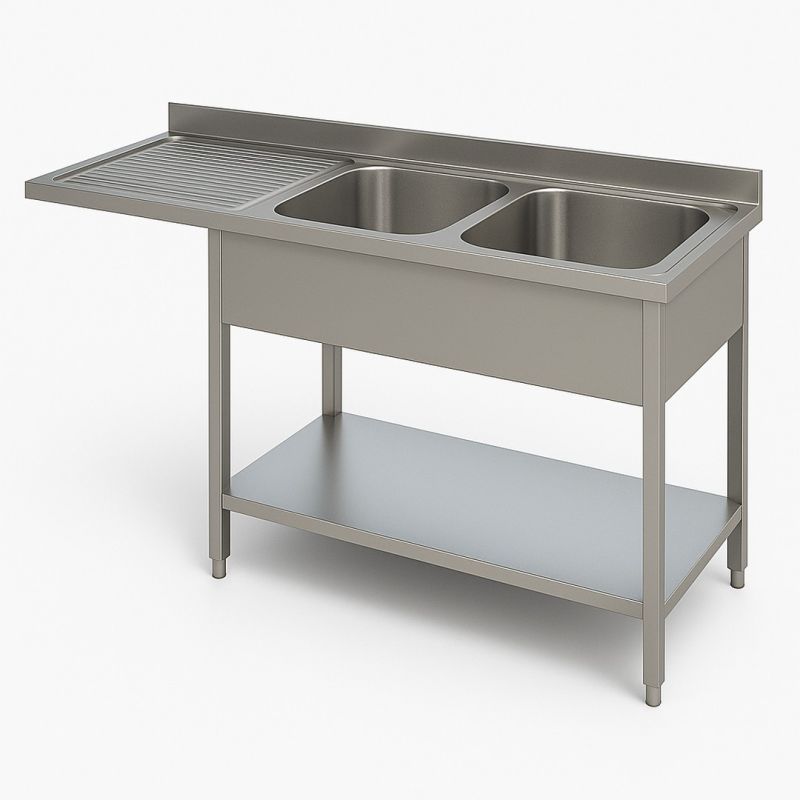 Plonge 2 bacs à droite avec étagère et passage lave vaisselle à gauche Dim : 200x60x85 cm Plonge 2 bacs à droite avec étagère et passage lave vaisselle à gauche Dim : 200x60x85 cm