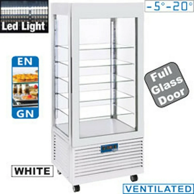 Vitrine réfrigérée blanche aux 4 faces vitrées +2°C +10°C - 5 niveaux - LED - Ventilée