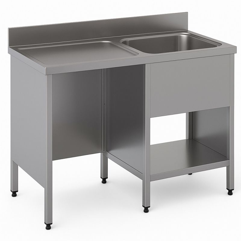 Plonge bac à droite sur rangement ouvert et passage lave vaisselle à gaucheDim : 140x60x85cm Plonge bac à droite sur rangement ouvert et passage lave vaisselle à gaucheDim : 140x60x85cm