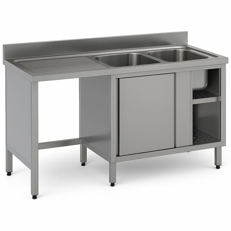 Plonge 2 bacs à droite sur placard de rangement porte battante et passage lave vaisselle à gaucheDim : 200x70x85 cm Plonge 2 bacs à droite sur placard de rangement porte battante et passage lave vaisselle à gaucheDim : 200x70x85 cm