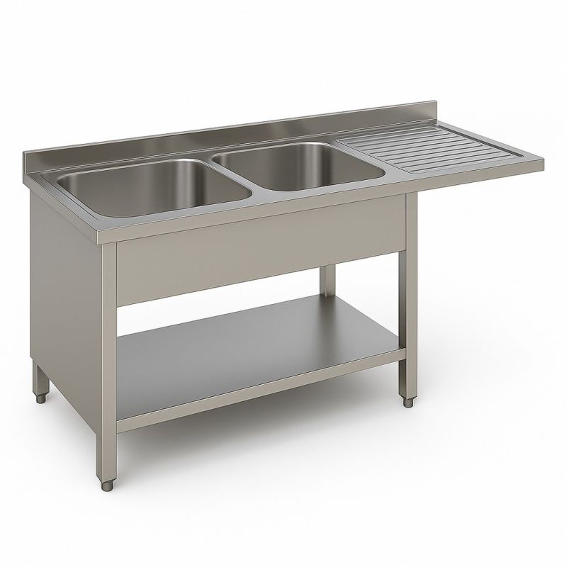 Plonge 2 bacs à gauche sur rangement ouvert et passage lave vaisselle à droite Dim : 180 x 60 x 85 cm Plonge 2 bacs à gauche sur rangement ouvert et passage lave vaisselle à droite Dim : 180 x 60 x 85 cm