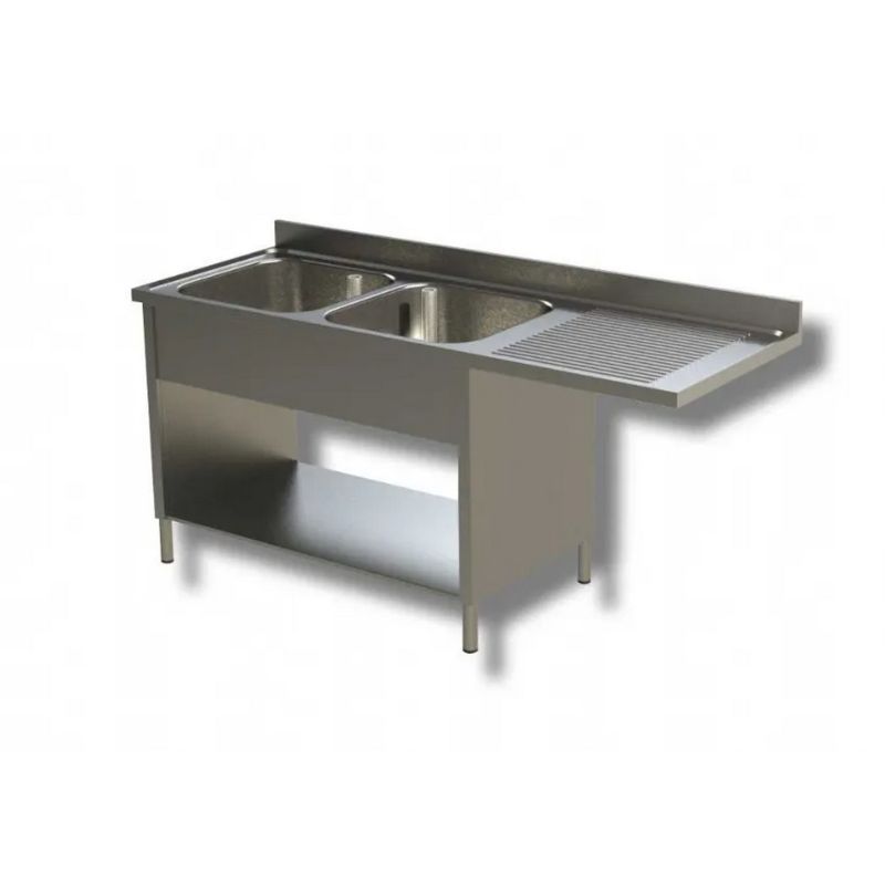 Plonge sur placard de rangement ouvert - 2 bacs à gauche égouttoir à droite Dim : 140x70x85 cm Plonge sur placard de rangement ouvert - 2 bacs à gauche égouttoir à droite Dim : 140x70x85 cm
