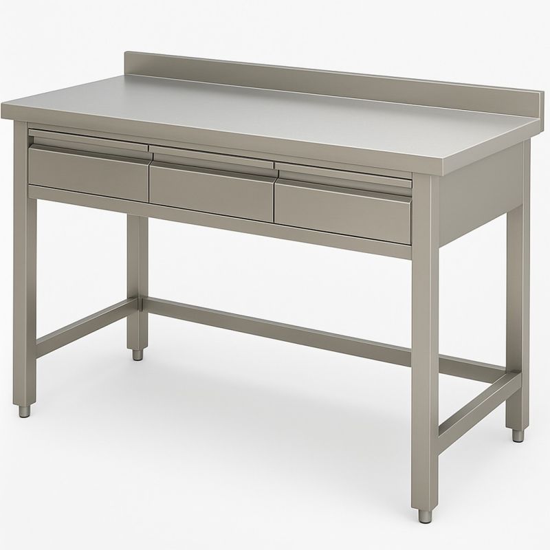 Table Inox adossée avec 3 tiroirs horizontales AISI 304 Dim : 140 x 60 x 85 cm Table Inox adossée avec 3 tiroirs horizontales AISI 304 Dim : 140 x 60 x 85 cm