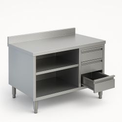 Meuble Bas adossé en Inox avec 2 niveaux de rangements et 3 tiroirs verticales droit – Ouverte Dim : 180 x 70 x 85 cm