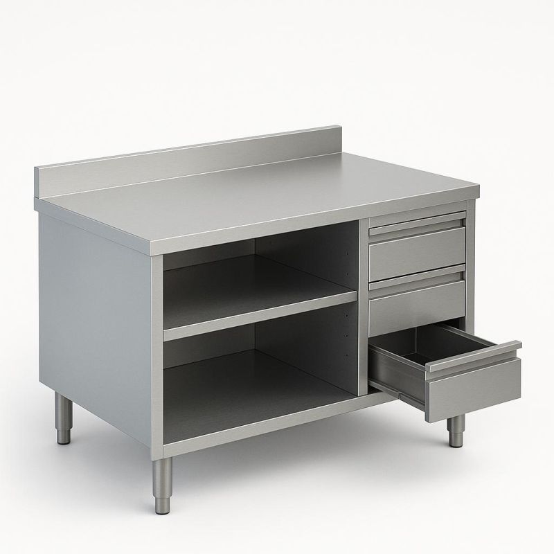Meuble Bas adossé en Inox avec 2 niveaux de rangements et 3 tiroirs verticales droit – Ouverte Dim : 200 x 70 x 85 cm Meuble Bas adossé en Inox avec 2 niveaux de rangements et 3 tiroirs verticales droit – Ouverte Dim : 200 x 70 x 85 cm