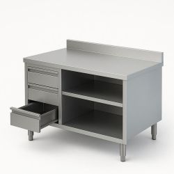 Meuble Bas adossé en Inox avec 2 niveaux de rangements et 3 tiroirs verticales gauche– Ouverte Dim : 180 x 70 x 85 cm