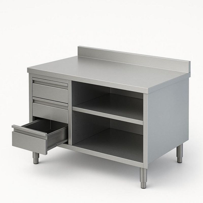 Meuble Bas adossé en Inox avec 2 niveaux de rangements et 3 tiroirs verticales gauche– Ouverte Dim : 180 x 70 x 85 cm Meuble Bas adossé en Inox avec 2 niveaux de rangements et 3 tiroirs verticales gauche– Ouverte Dim : 180 x 70 x 85 cm