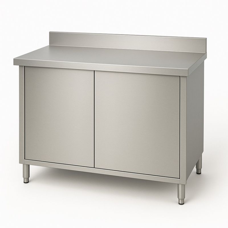 Meuble bas adossé en inox avec 2 niveaux de rangement porte battante Dim : 80 x 70 x 85 cm