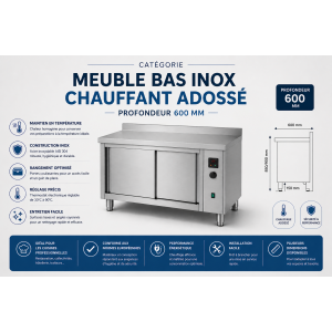 Meuble bas inox chauffant adossé Profondeur 600 mm
