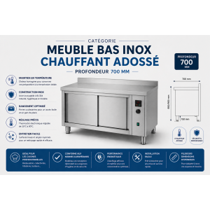 Meuble bas inox chauffant adossé Profondeur 700 mm