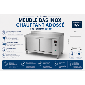 Meuble bas inox chauffant central/adossé Profondeur 800 mm